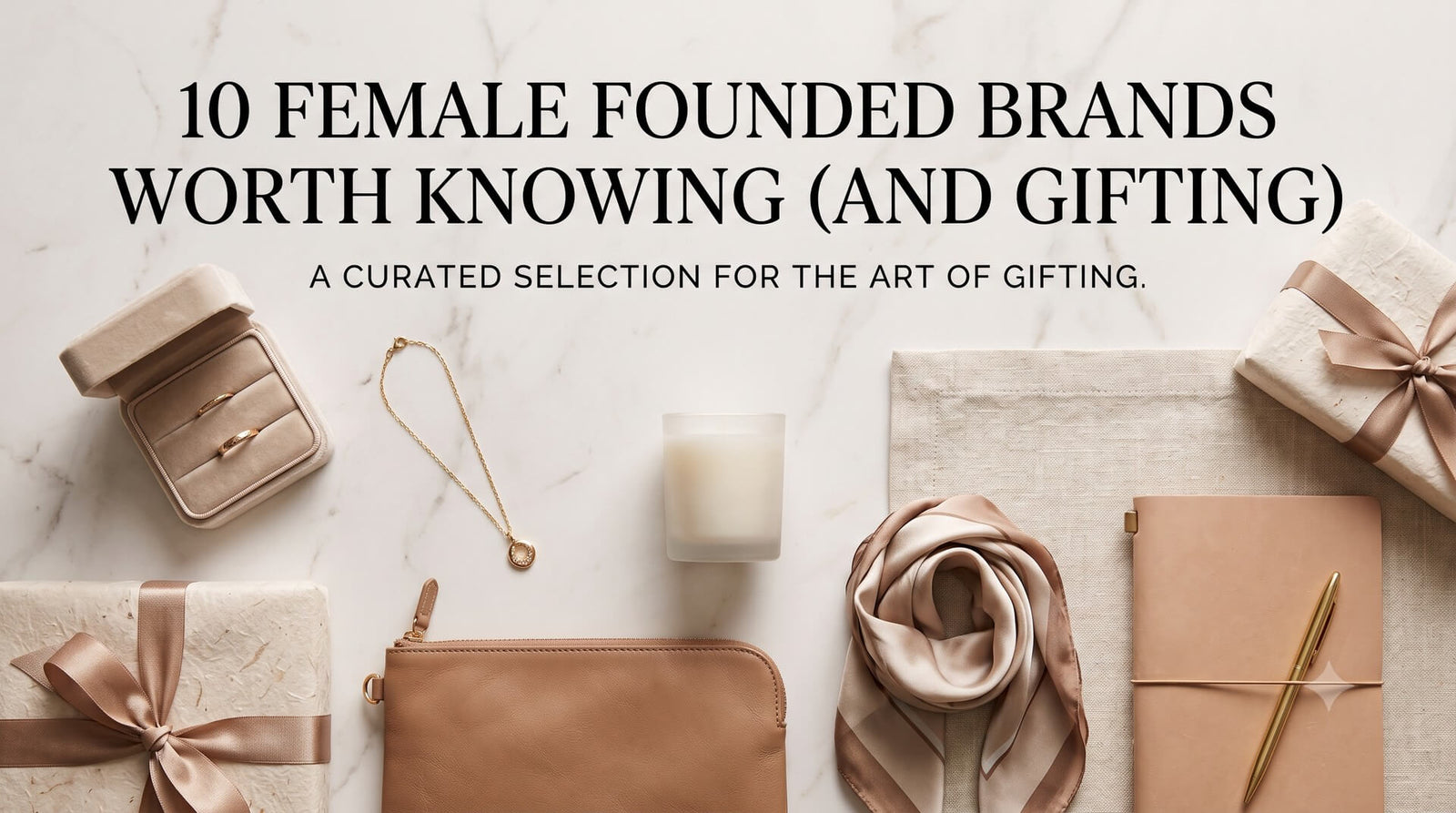 Flat lay of elegant luxury gifts on a marble surface, including a jewelry box, a gold necklace, a candle, a leather pouch, a silk scarf, and a notebook, with text reading "10 Female Founded Brands Worth Knowing (and Gifting)".