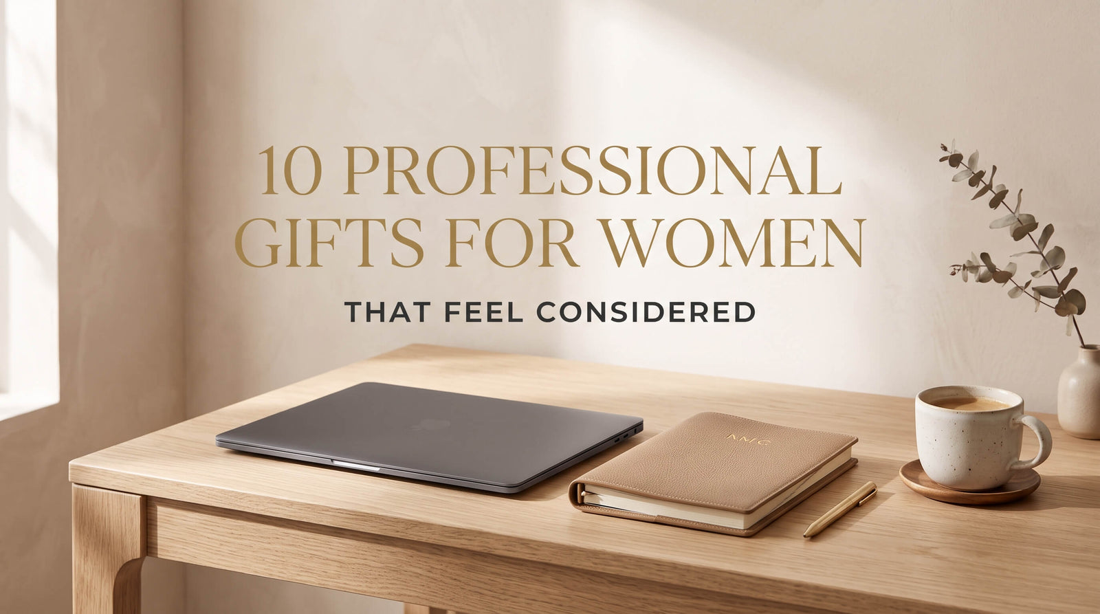 A minimalist wooden desk setup featuring a closed laptop, a monogrammed tan leather notebook, a gold pen, a ceramic coffee cup, and a small vase with dried greenery, accompanied by gold headline text.