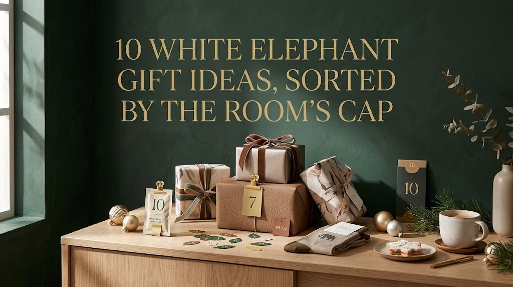 A dark green wall setting featuring wrapped gift boxes tied with ribbons, numbered tags, warm cozy socks, and a mug of coffee on a wooden sideboard.