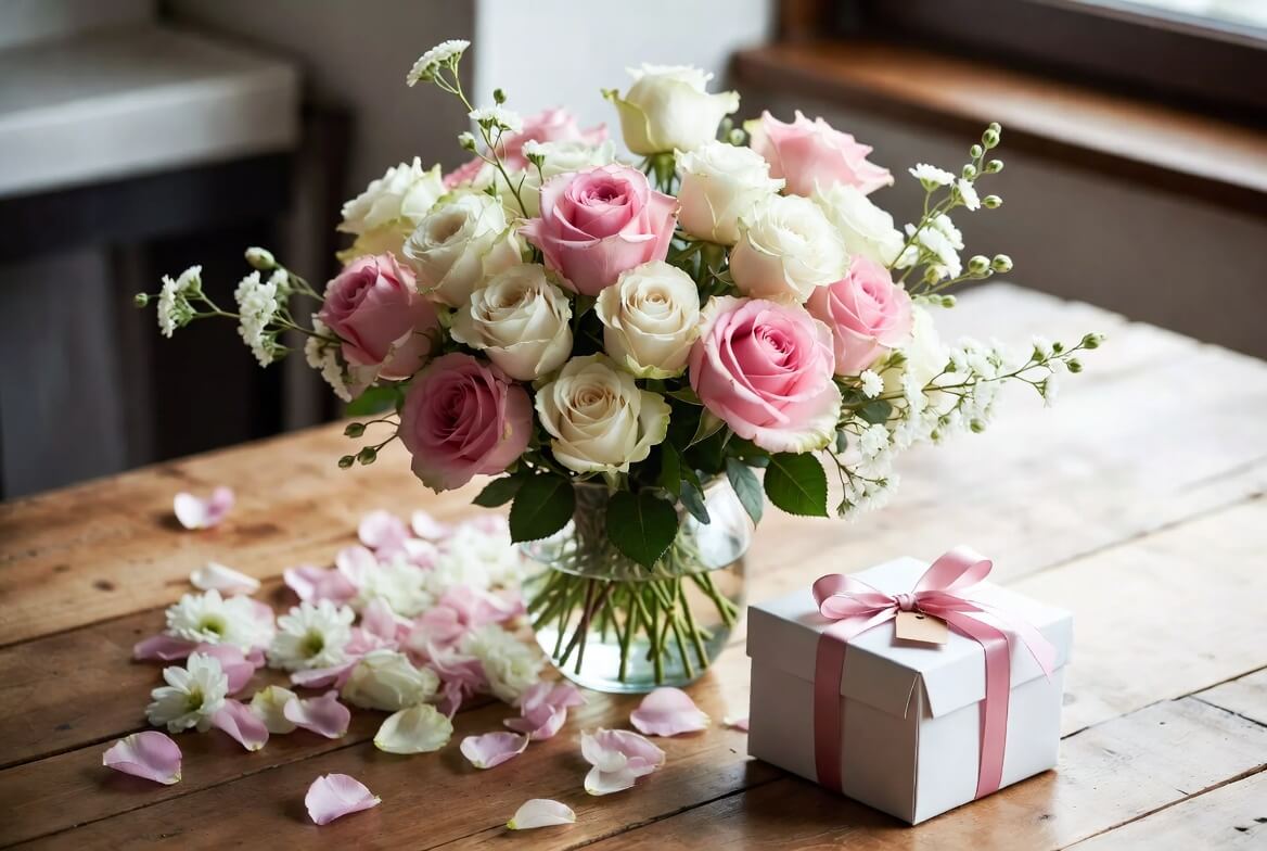 A beautiful bouquet of pink and white roses in a glass vase on a wooden table, next to a white gift box with a pink ribbon, surrounded by scattered flower petals.