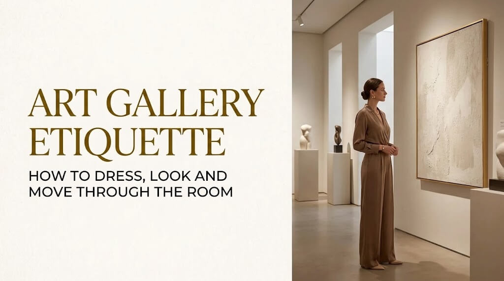 A chic woman in a taupe jumpsuit admiring artwork inside a modern, sunlit art gallery, next to large gold typography.