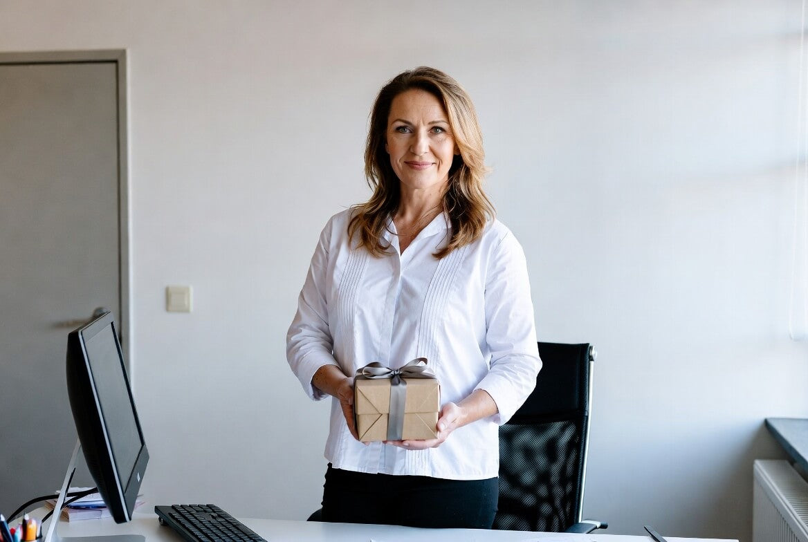 A smiling professional woman with shoulder-length light brown hair, wearing a white blouse, stands in a bright modern office behind a desk and holds a small square gift box wrapped in brown paper with a grey ribbon and bow.