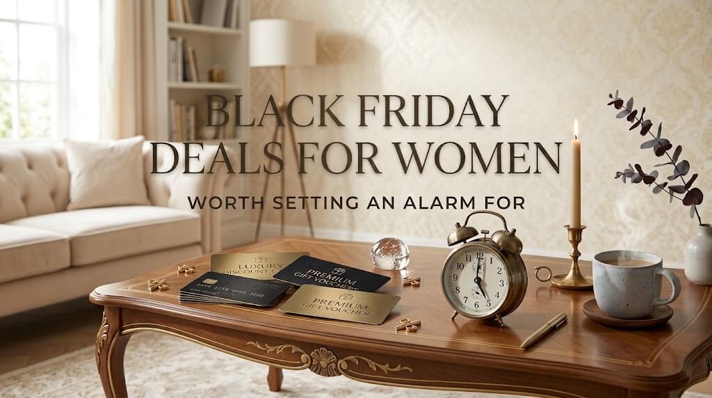 A coffee table displaying gift cards, a brass vintage alarm clock, a lit candle in a brass holder, and a warm cup of coffee in a bright living room.