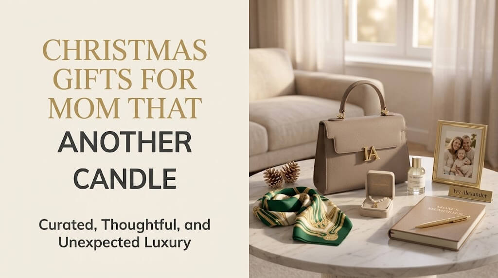 A modern round coffee table styled with a beige leather handbag, a silk scarf, fine jewelry, a framed family photo, and a journal.