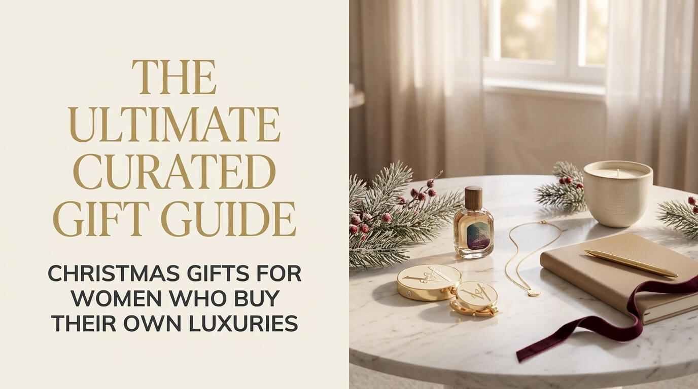 A round marble table with a white candle, a glass perfume bottle, compact mirrors, a gold necklace, and a leather notebook styled with evergreen branches.
