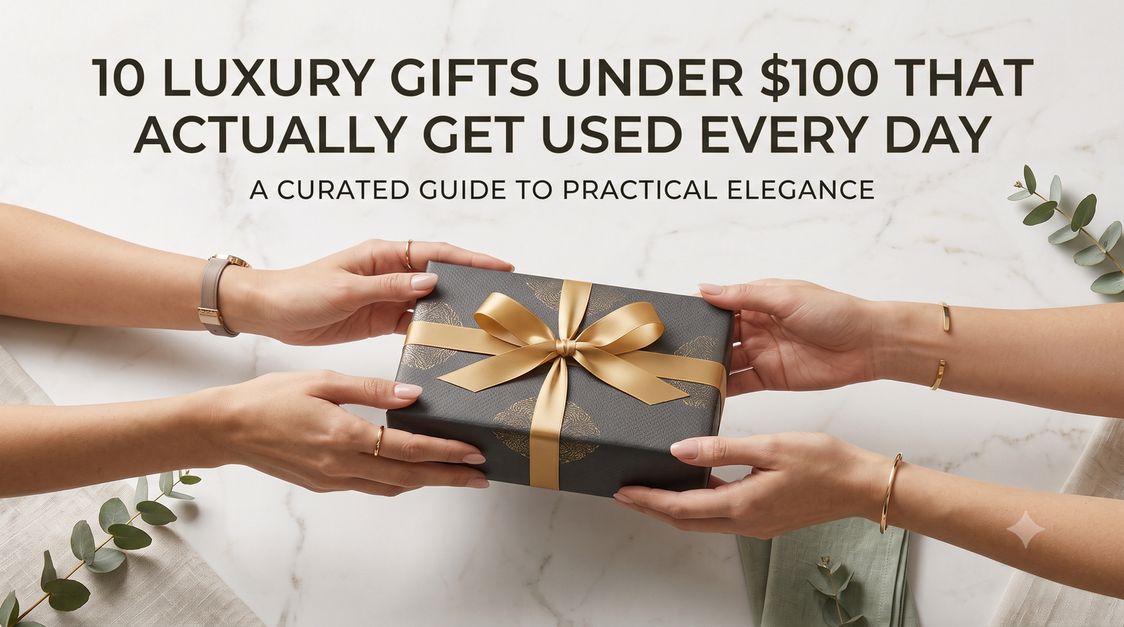 Two pairs of hands passing a beautifully wrapped dark gray gift box tied with a gold satin ribbon over a white marble surface, featuring the text "10 Luxury Gifts Under $100 That Actually Get Used Every Day: A Curated Guide to Practical Elegance".
