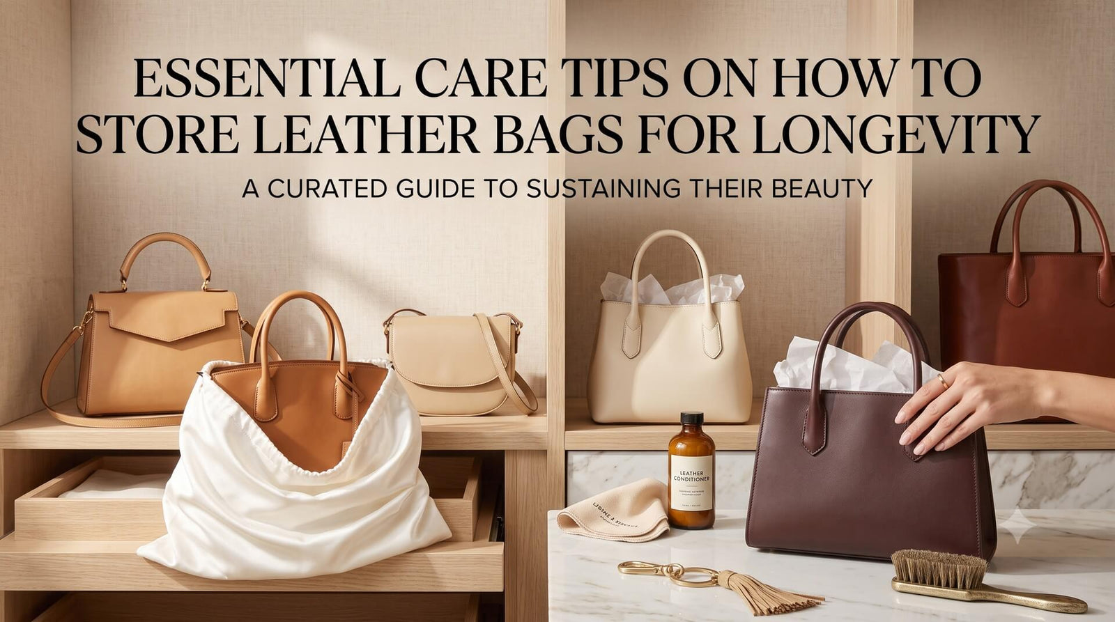 A collection of premium leather handbags neatly arranged on wooden closet shelves, with one bag wrapped in a white dust sheet, alongside a leather conditioner bottle, a cloth, and a cleaning brush.