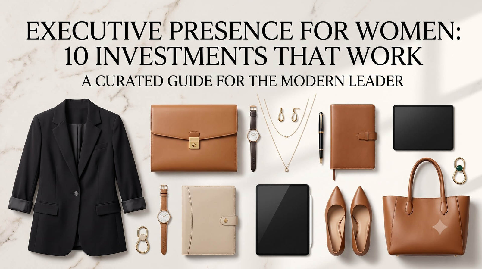 A flat lay displaying professional wardrobe staples on a marble background, including a black blazer, tan leather folders, a watch, gold jewelry, a tablet, brown heels, and a matching leather handbag.