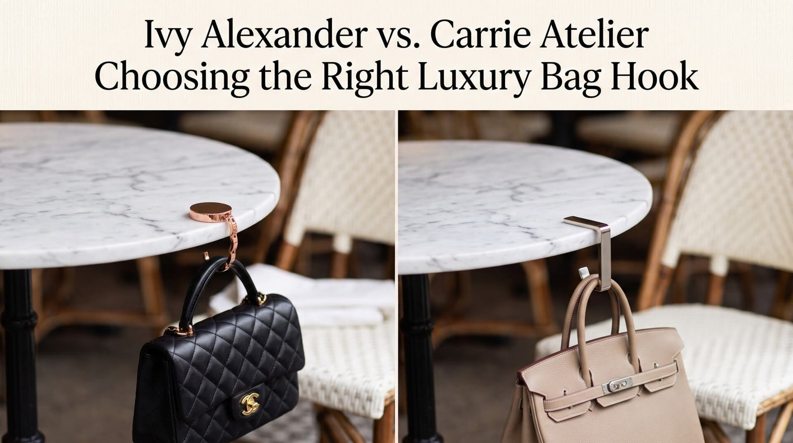 A side-by-side comparison of two luxury handbag hangers attached to marble cafe tables, with a black quilted handbag hanging on the left and a beige structured leather tote hanging on the right.