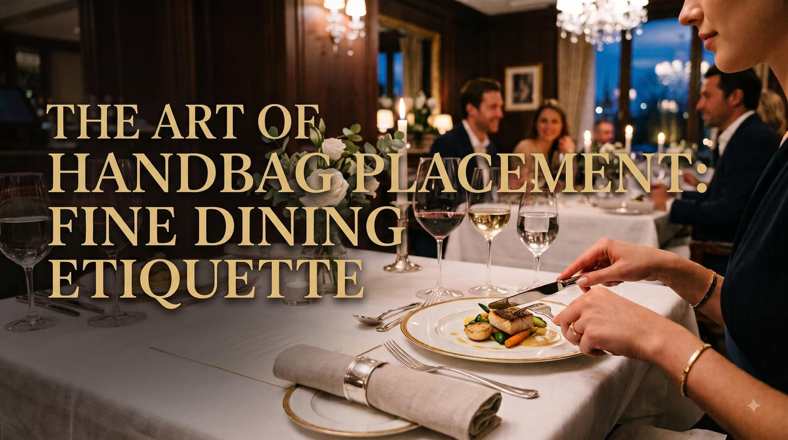 A woman enjoying a fine dining meal at an elegant, candlelit restaurant table set with white linen, fine china, and wine glasses, with the text overlay "The Art of Handbag Placement: Fine Dining Etiquette".