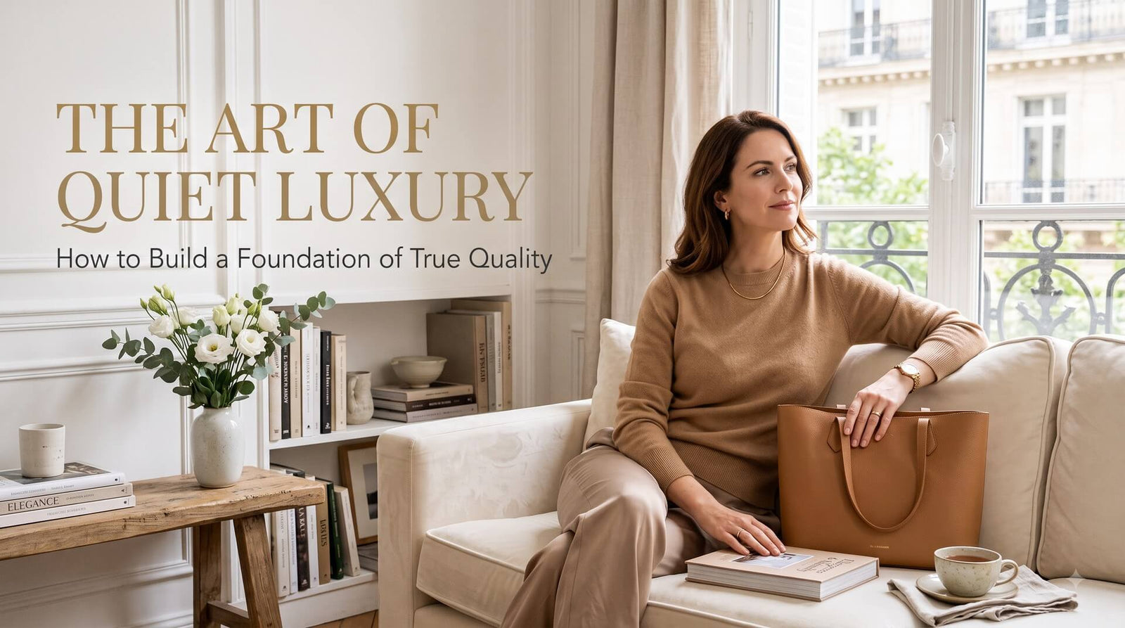 An elegant woman in a camel sweater sitting on a white sofa in a bright, modern living room next to a beige leather tote bag, with text reading "The Art of Quiet Luxury: How to Build a Foundation of True Quality".