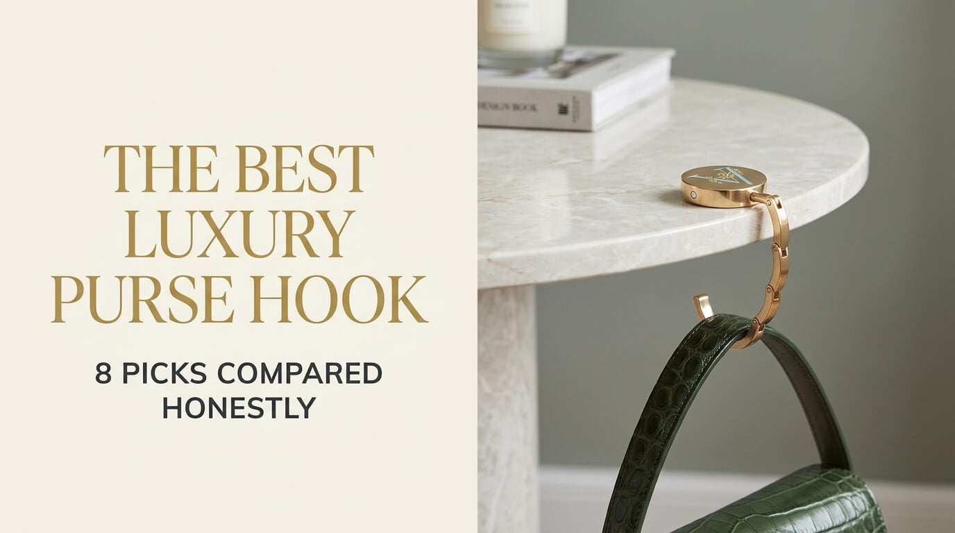 A green crocodile-embossed handbag hanging from a marble table edge using a gold luxury purse hanger, next to gold headline text on a light beige background.