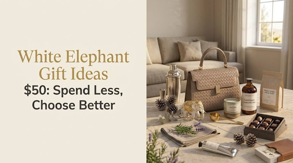 A tabletop arrangement of gift ideas including a cocktail shaker, a woven tote bag, a white candle, gourmet chocolates, cold brew coffee, and a small elephant figurine.