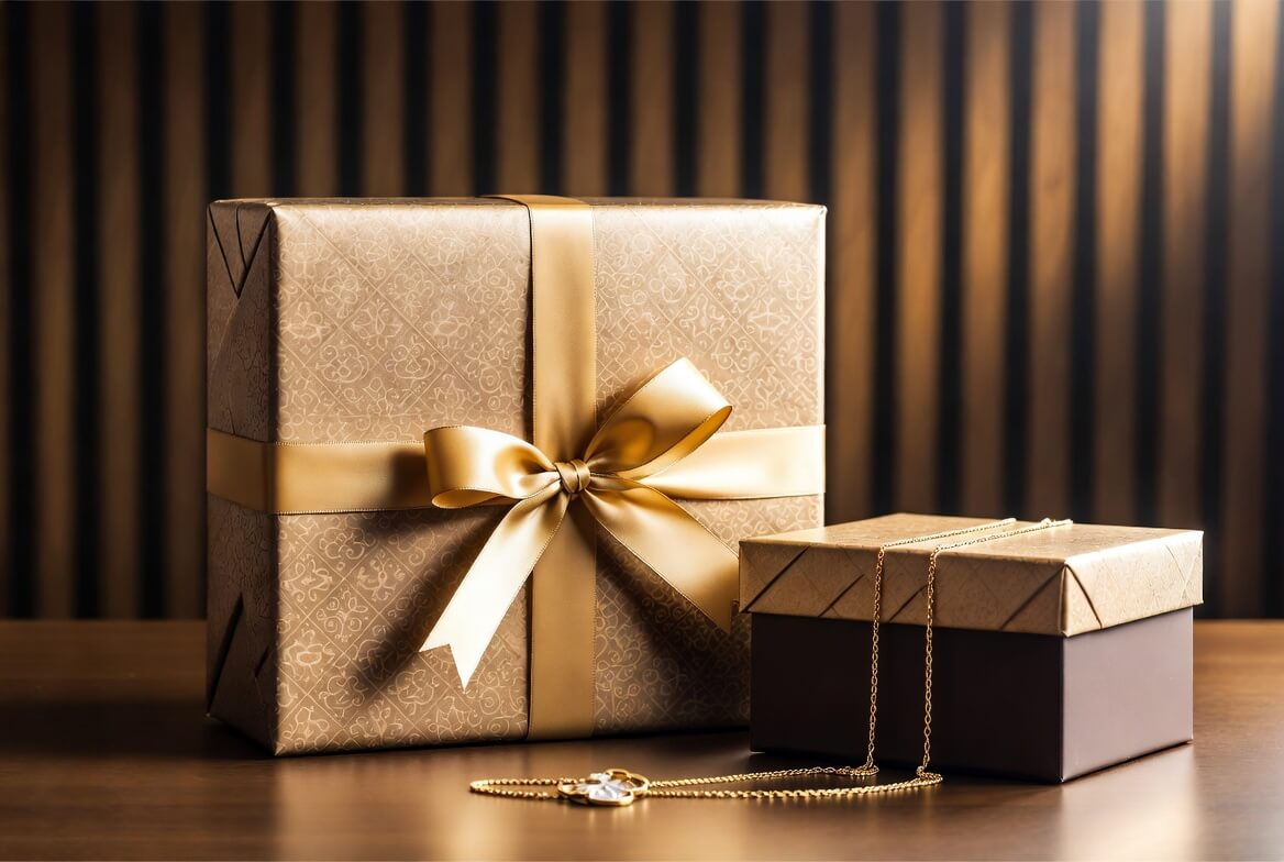 Large and small luxurious gift boxes wrapped in gold patterned paper with shiny gold satin ribbons, with a gold necklace and pendant placed in front on a dark wooden surface.