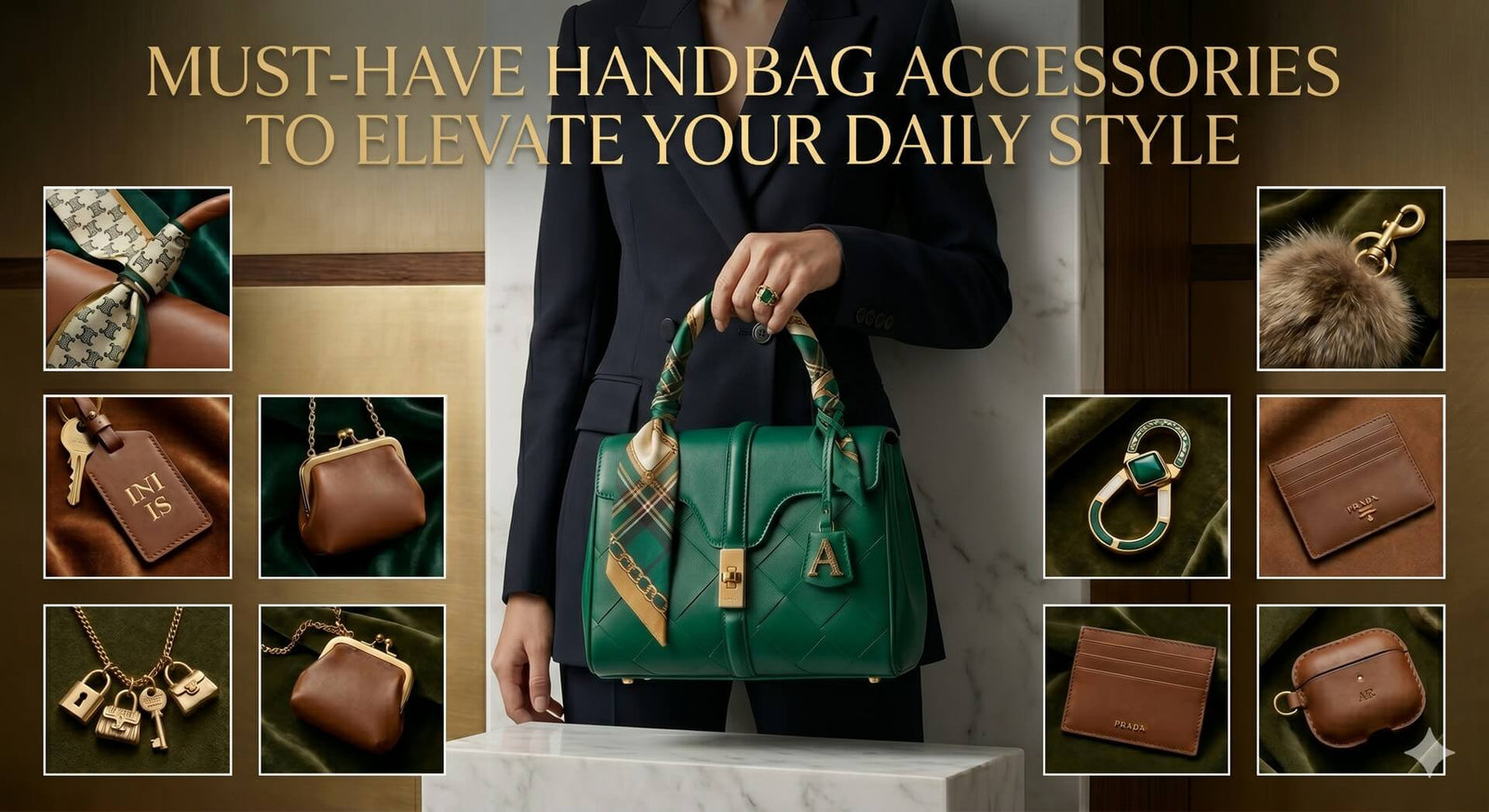 Luxury green handbag styled with elegant accessories including silk scarf, monogrammed leather keychain, coin purse, charm necklace, fur pom-pom keychain, green and gold ring hardware, Prada card holder, and AirPods case on a sophisticated background.