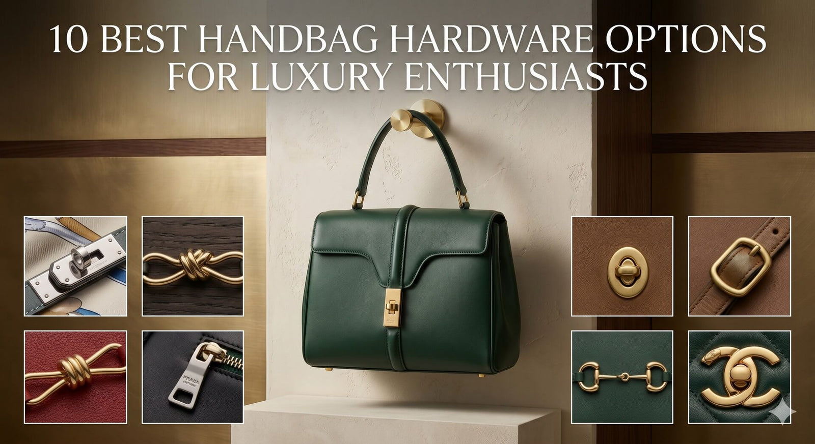 Elegant green handbag showcasing premium gold and silver hardware options: turn-lock closures, knot details, zippers, buckles, rings, and iconic designer logos like Chanel, displayed in a luxurious setting.