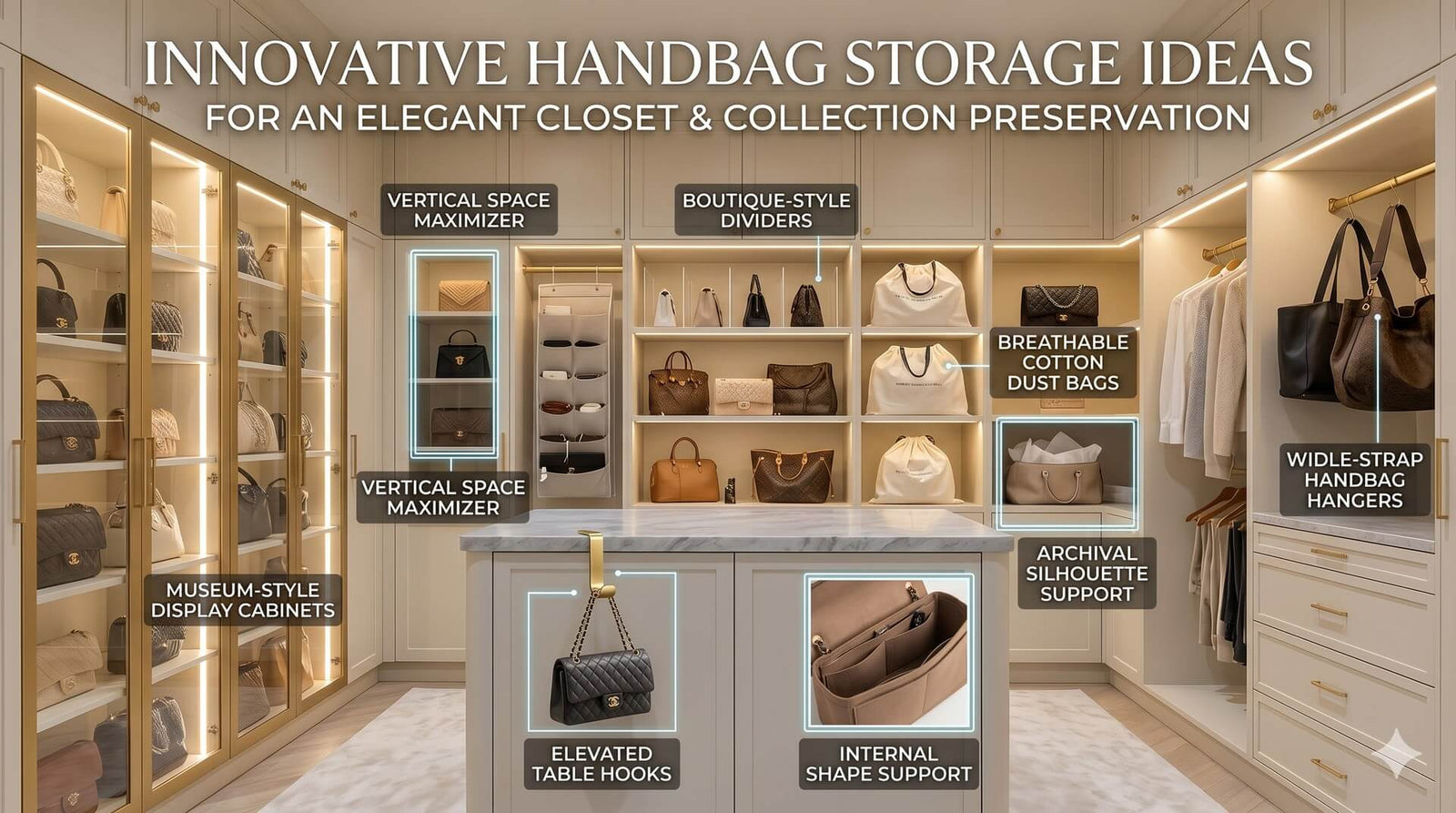 Luxurious walk-in closet with innovative handbag storage solutions: illuminated display cabinets, vertical maximizers, boutique-style dividers, dust bags, wide-strap hangers, and internal shape supports for elegant collection preservation.