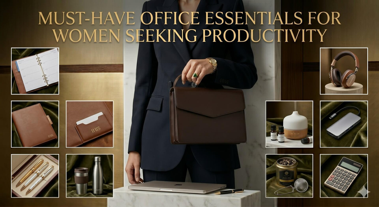Professional woman in a navy blazer holding a brown leather briefcase, surrounded by must-have office essentials: leather planner, card holder, pen set, water bottle, headphones, power bank, aromatherapy diffuser, calculator, and tea tin.