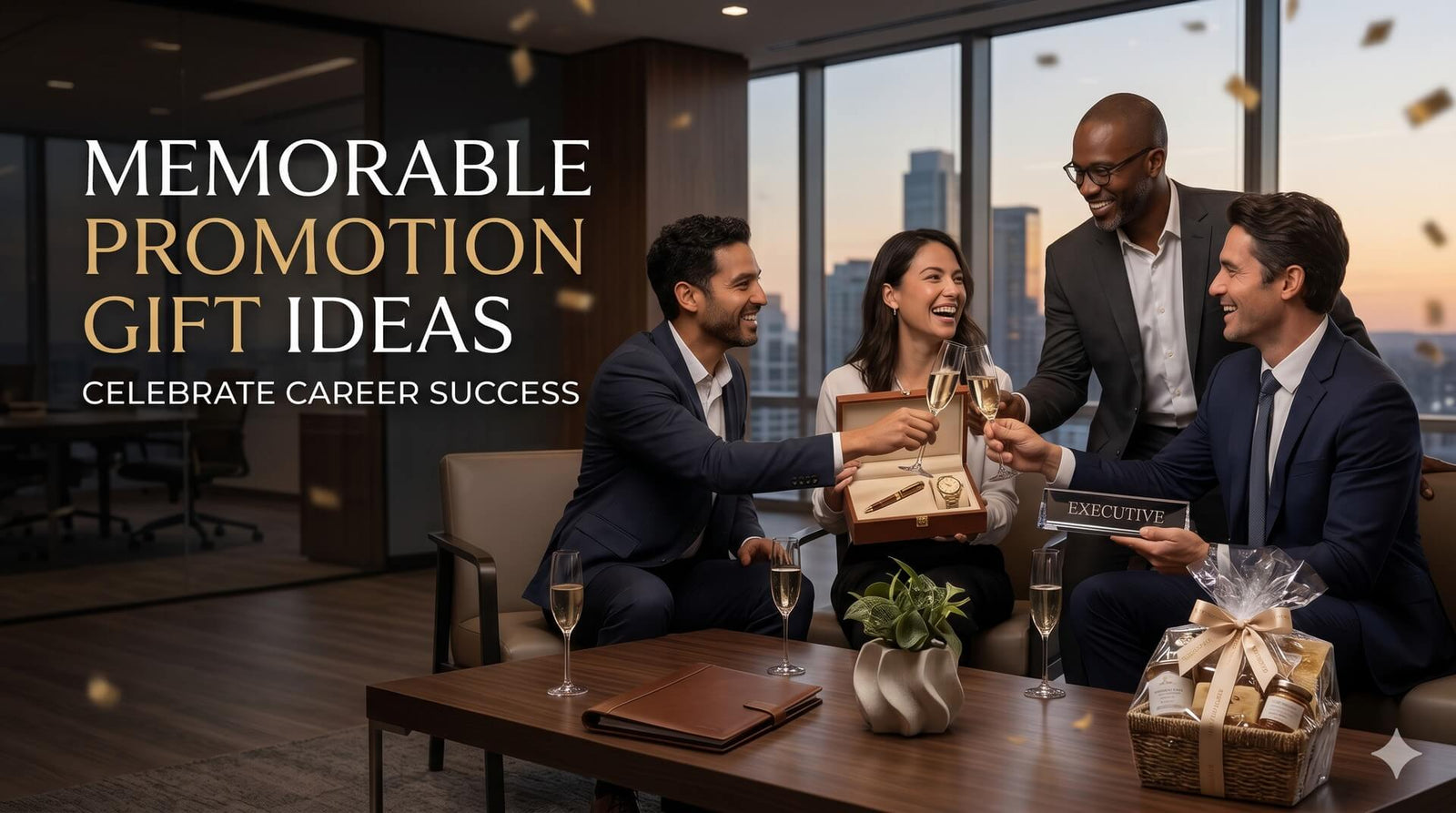 Celebratory scene of professionals toasting with champagne and opening a luxury gift box containing a watch and pen during a promotion celebration in a modern office with city views.